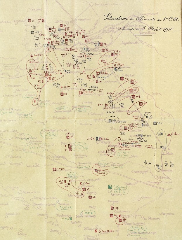 Répartition des régiments du 1er C.A le 05 août 1915